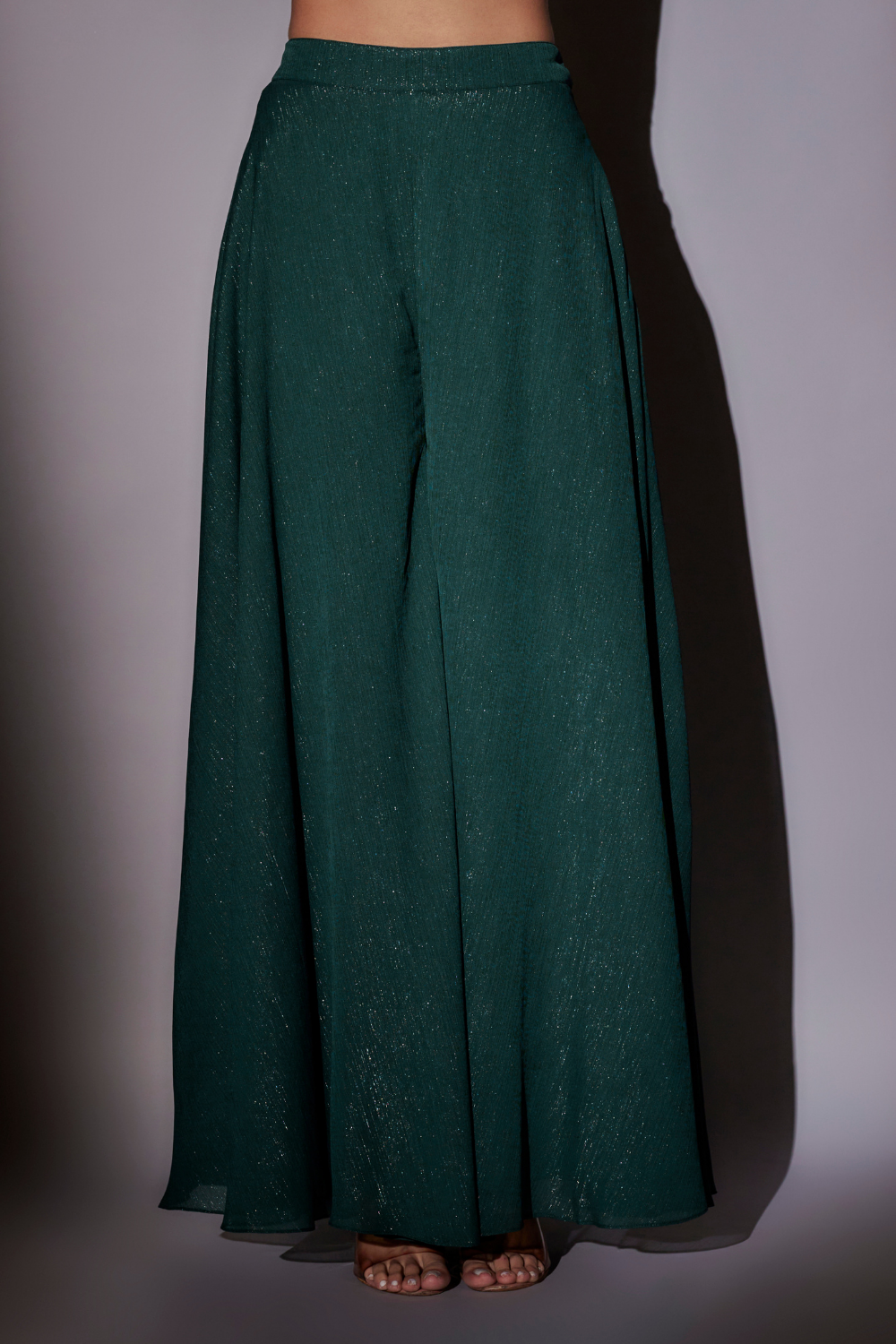 Green Hand Embroidered Cape Set with Flared Sharara for Women