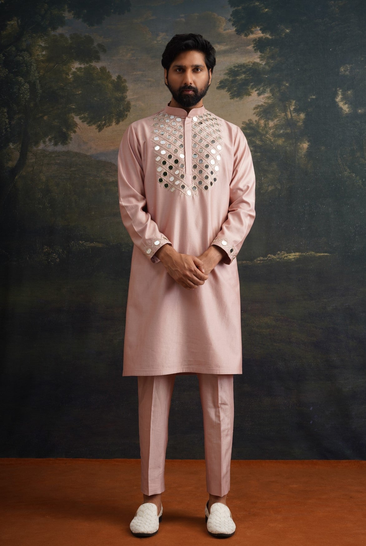 Burnt pink hand embroidered Mirror Work Kurta with Matching Pyjama