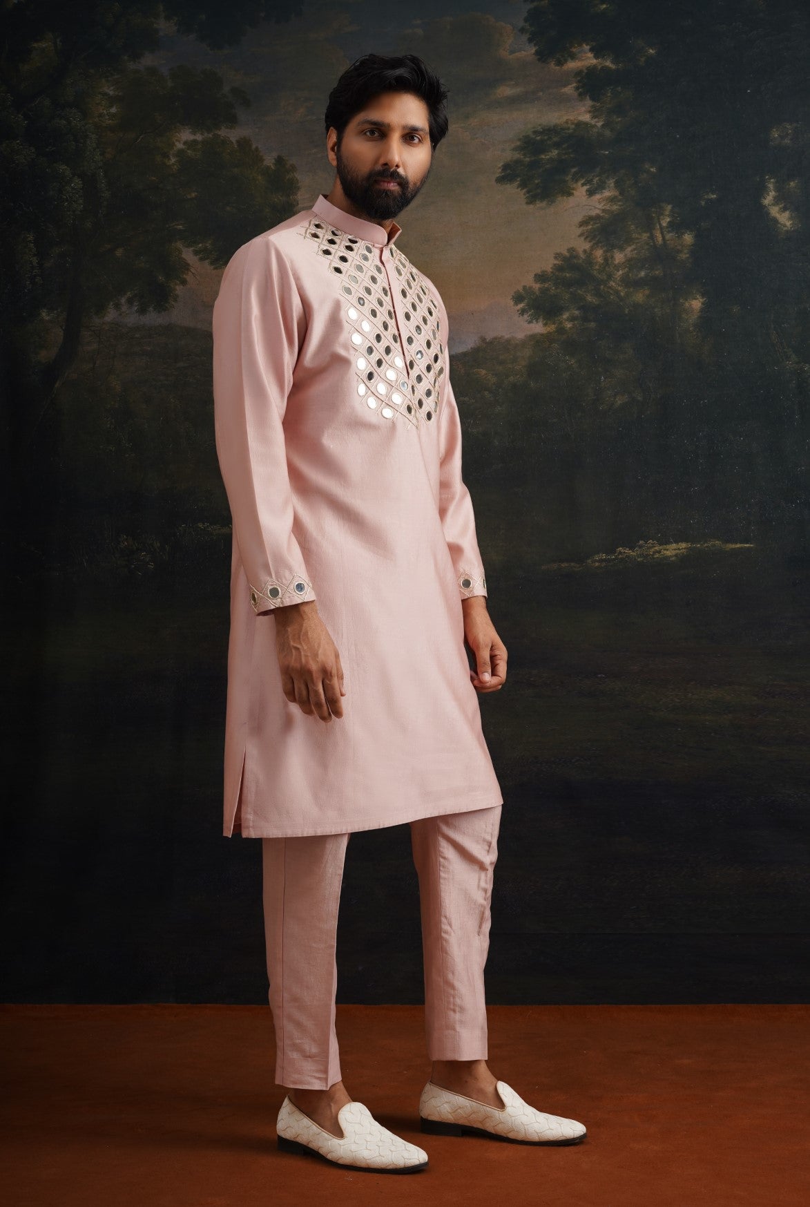 Burnt pink hand embroidered Mirror Work Kurta with Matching Pyjama