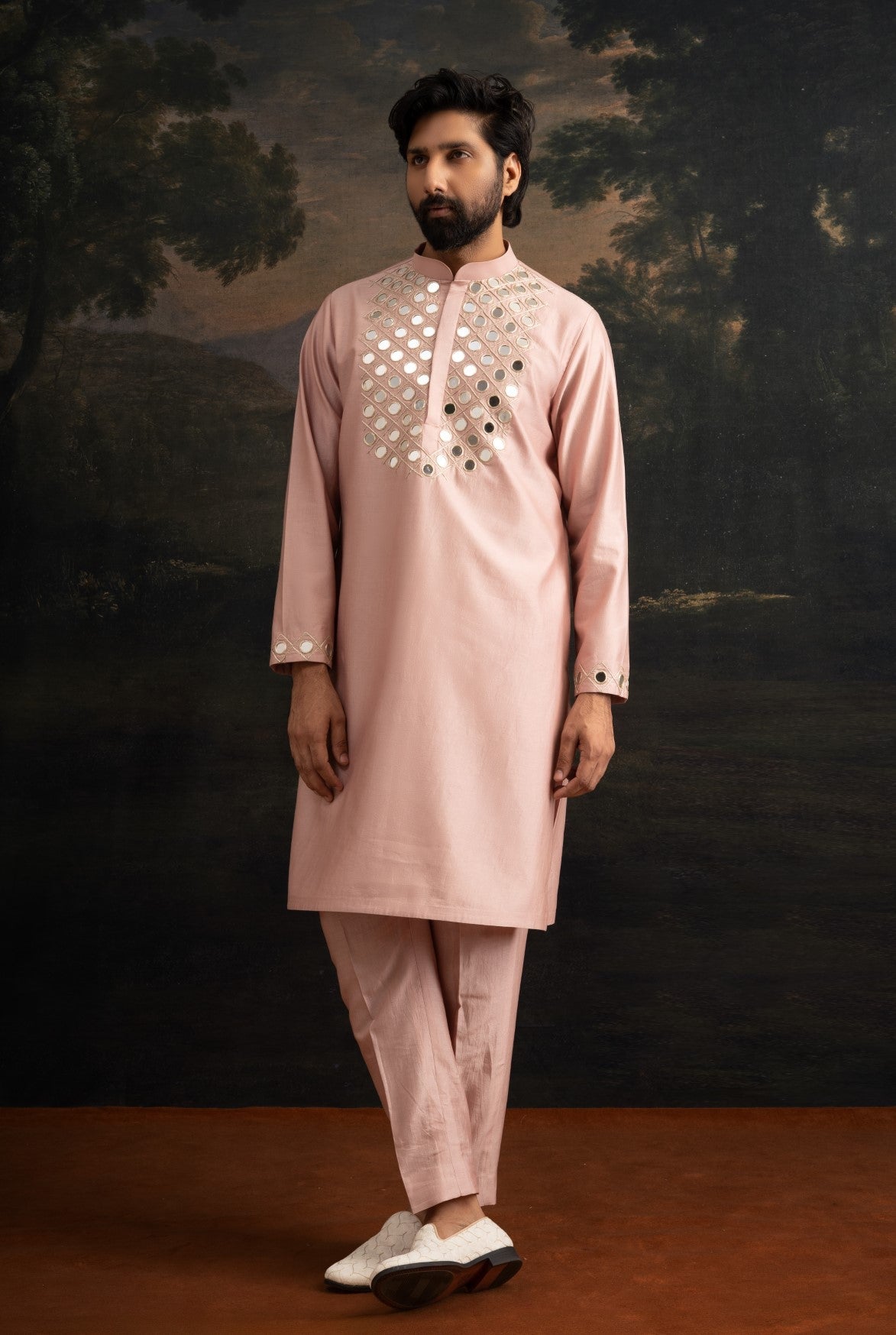 Burnt pink hand embroidered Mirror Work Kurta with Matching Pyjama