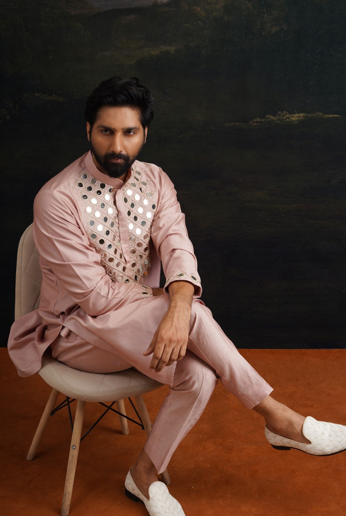Burnt pink hand embroidered Mirror Work Kurta with Matching Pyjama