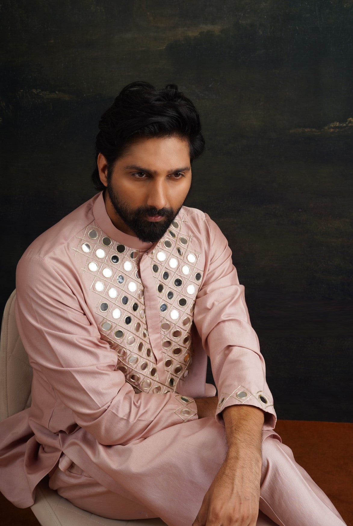 Burnt pink hand embroidered Mirror Work Kurta with Matching Pyjama