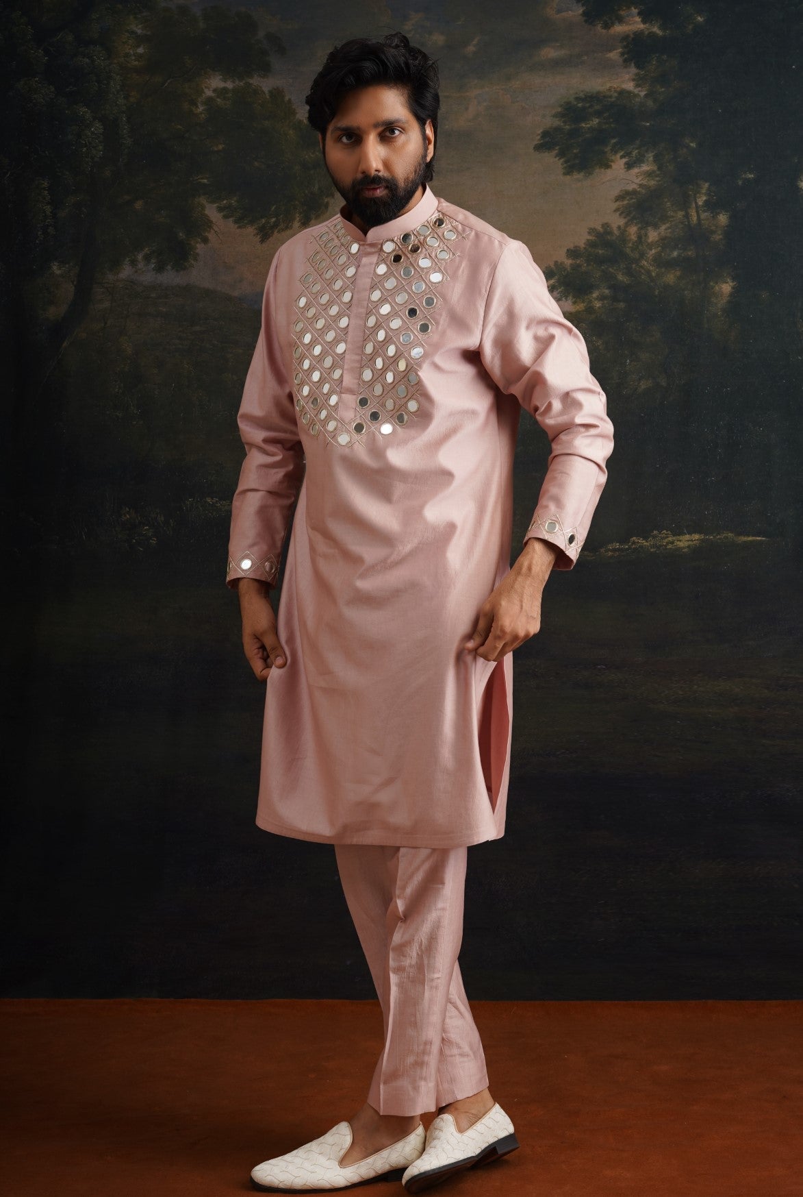 Burnt pink hand embroidered Mirror Work Kurta with Matching Pyjama