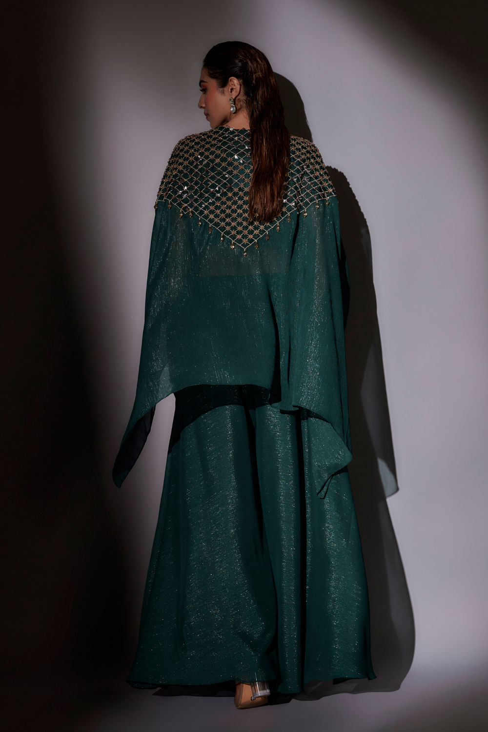 Green Hand Embroidered Cape Set with Flared Sharara for Women