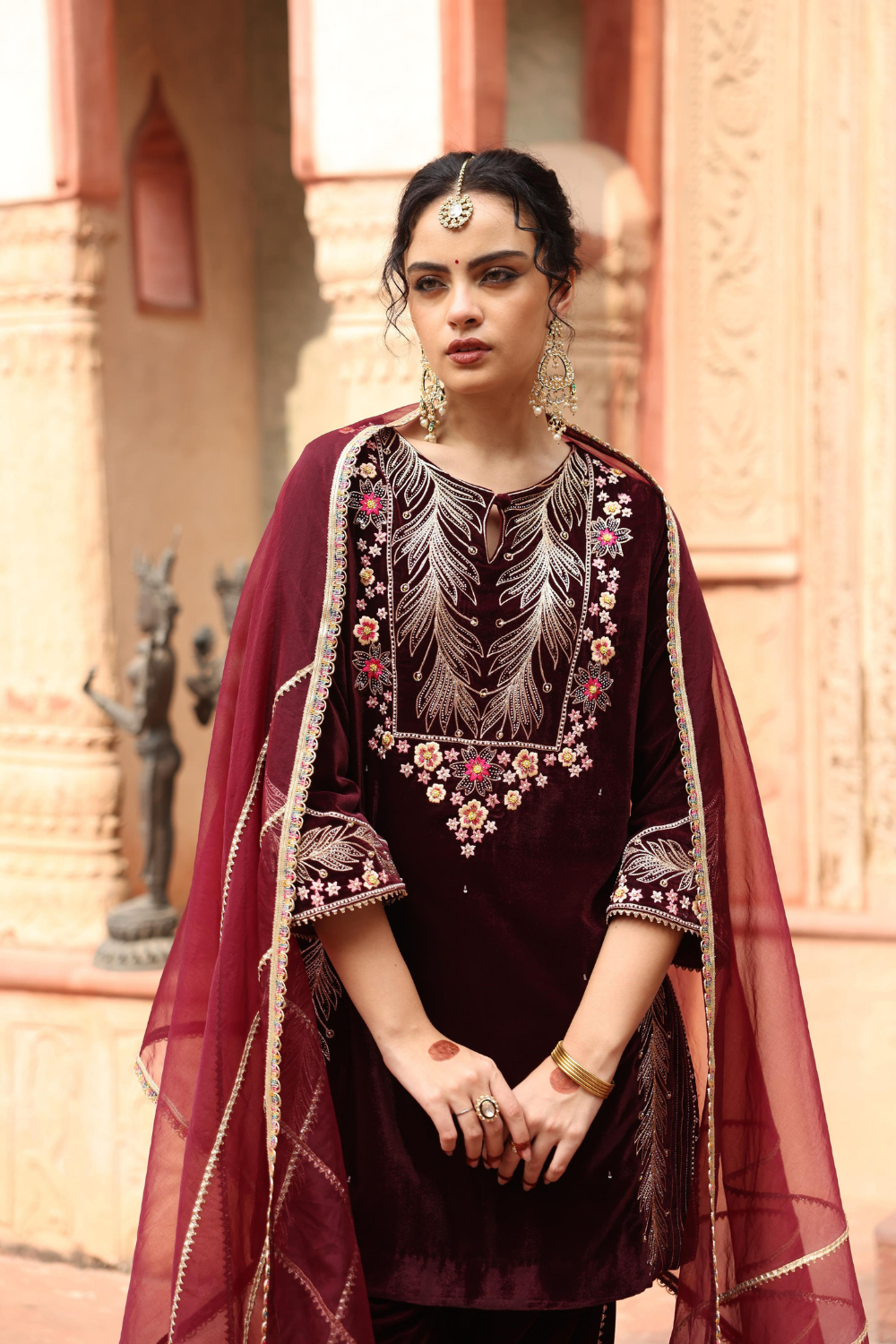 Elegant Wine Velvet Embroidered Dhoti Set with Organza Dupatta