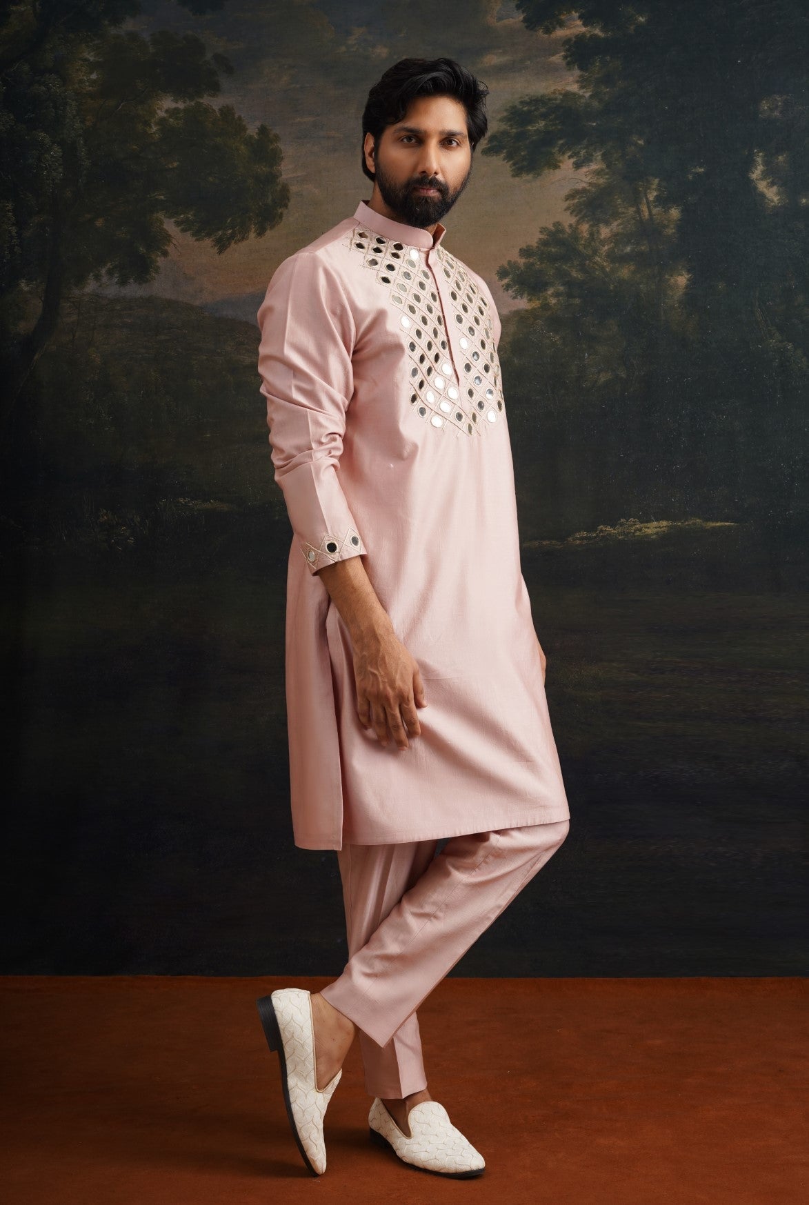 Burnt pink hand embroidered Mirror Work Kurta with Matching Pyjama