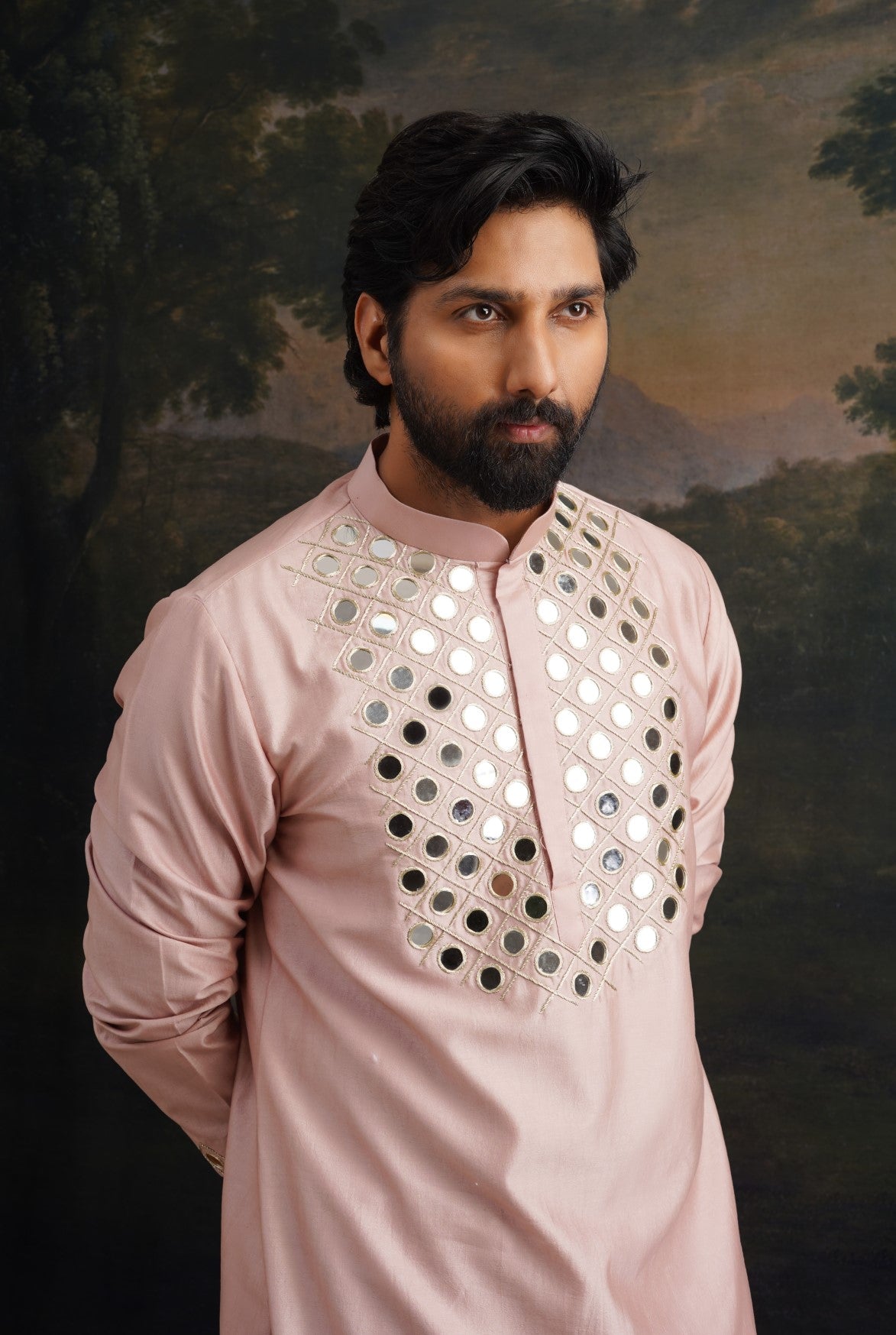 Burnt pink hand embroidered Mirror Work Kurta with Matching Pyjama