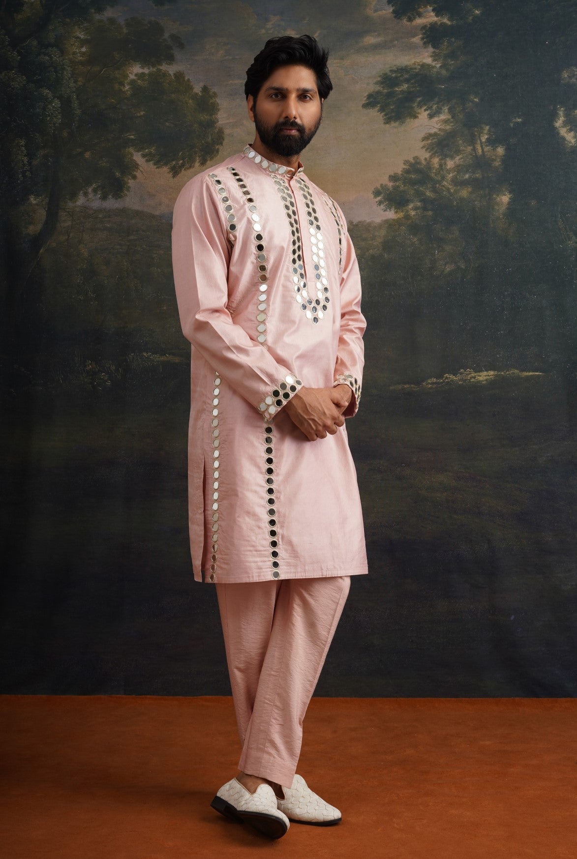 Burnt pink hand embroidered Mirror Work Kurta with Matching Pyjama