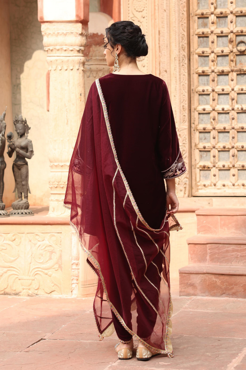 Wine Velvet Embroidered Kurta & Dhoti Set with Organza Dupatta