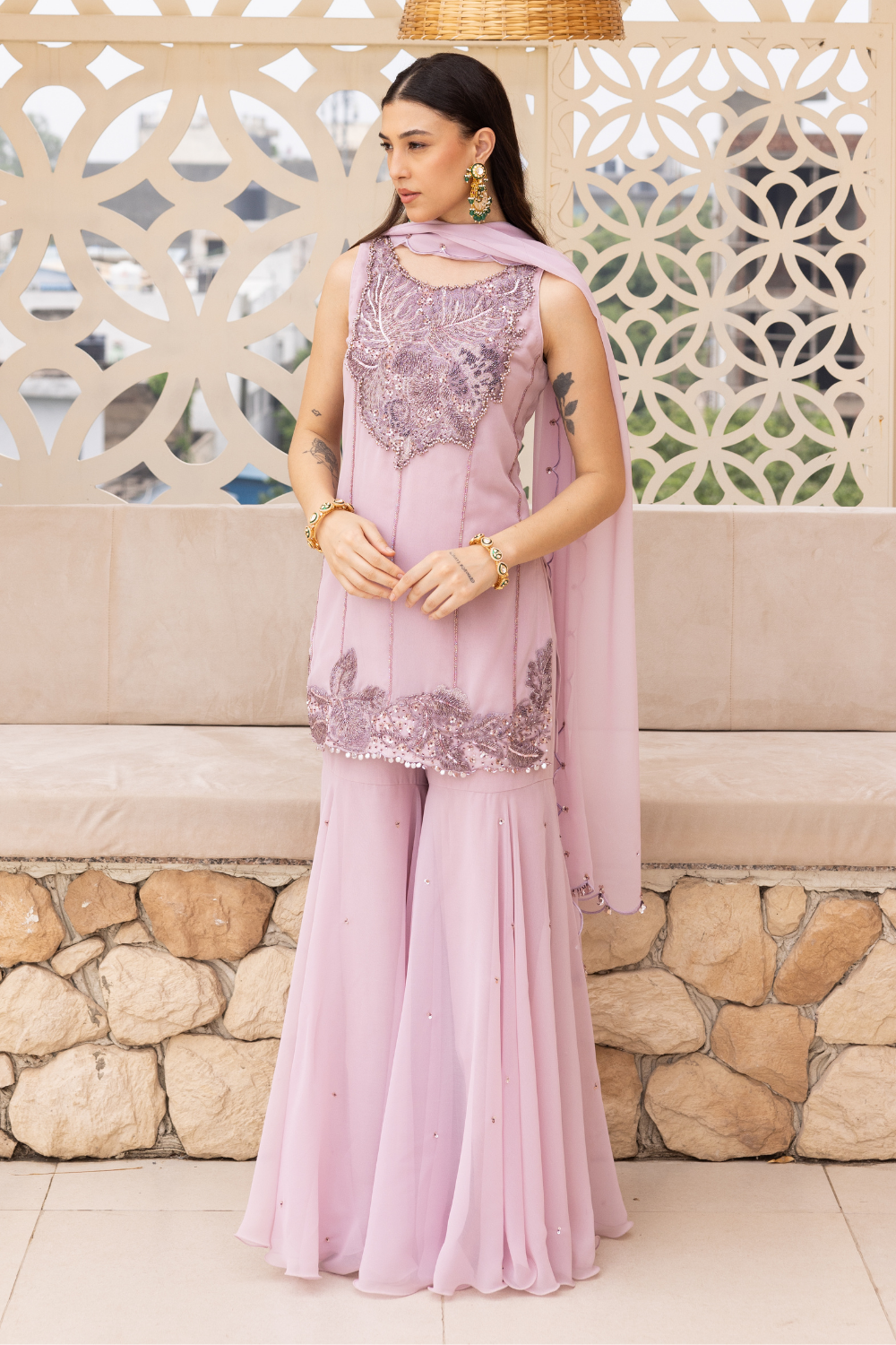 Shama Lilac Peplum Short Kurta with Flared Sharara Set