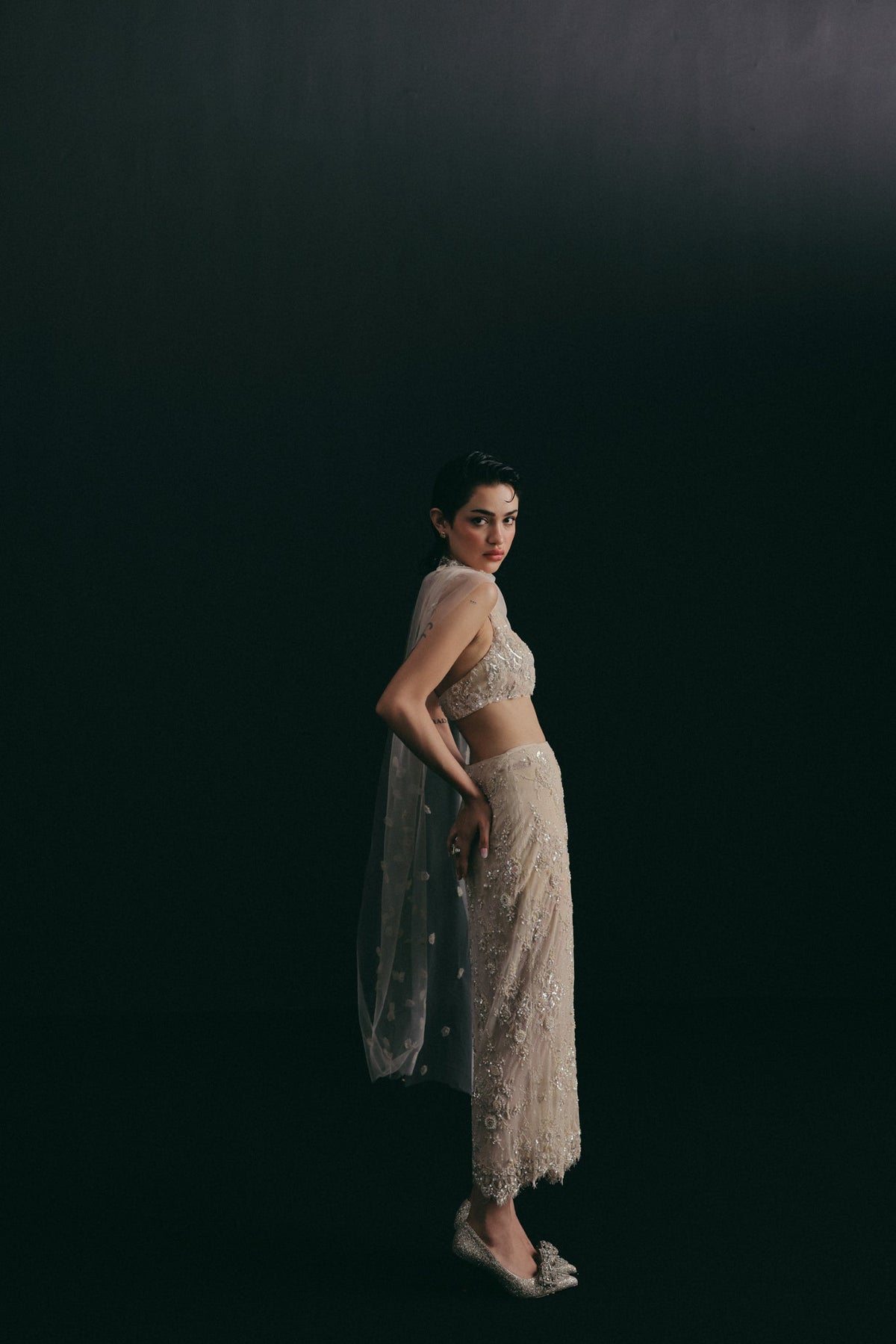 Oyster, Bugle Bead Embroidery, Vintage Lace & Tulle, Crop Skirt Set, Tea-Length Silhouette