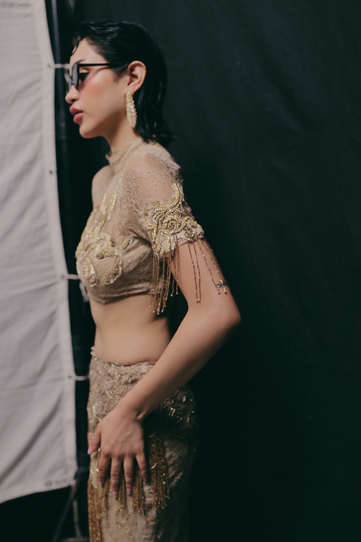 Filigree & Zardosi Embroidery, French Lace & Silk Georgette, Skirt Set, Structured Blouse Silhouette