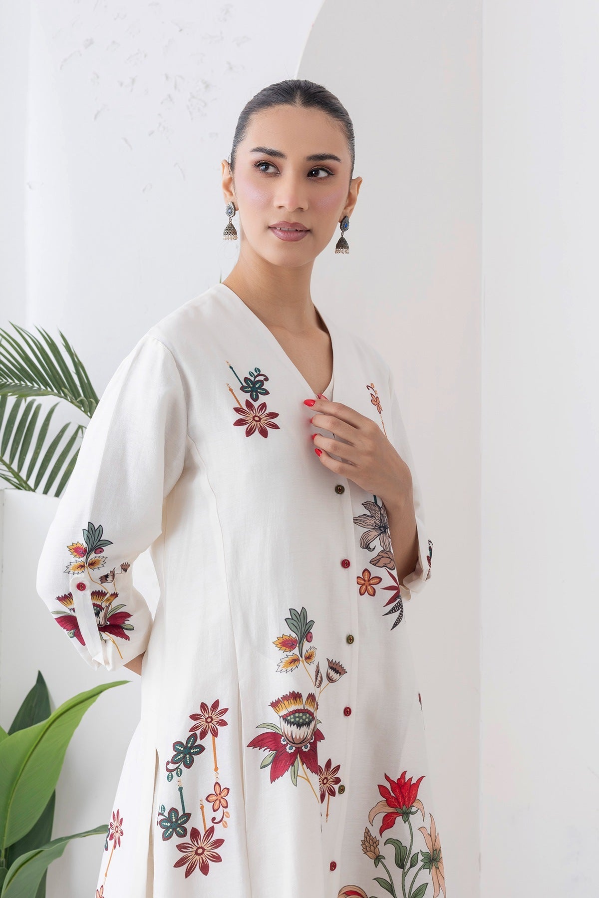 Ivory Silk Chanderi Printed High-Low Dress Set (3 PCS)