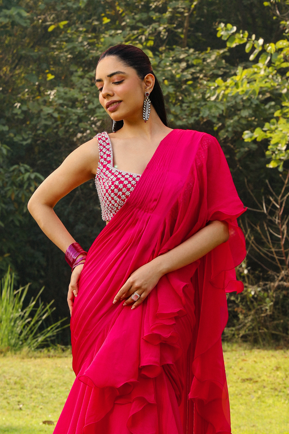 Sitaraa Rani Pink Pre-Draped Saree with Crystal Jaal Blouse