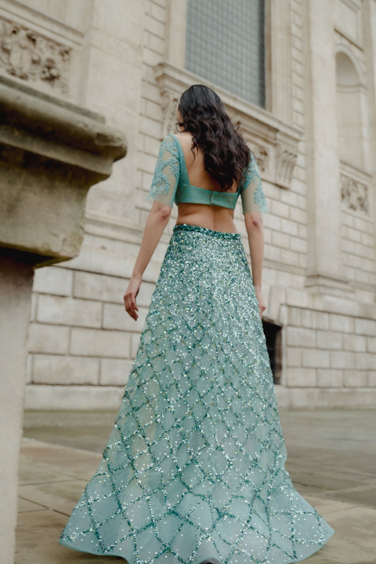 Zardosi Embroidery, Semi Sheer Fabric & French Lace, Tunic Pant Set, Relaxed SilhouetteZardosi Embroidery, Lace & Tulle, Crop Skirt Set, Flared Silhouette