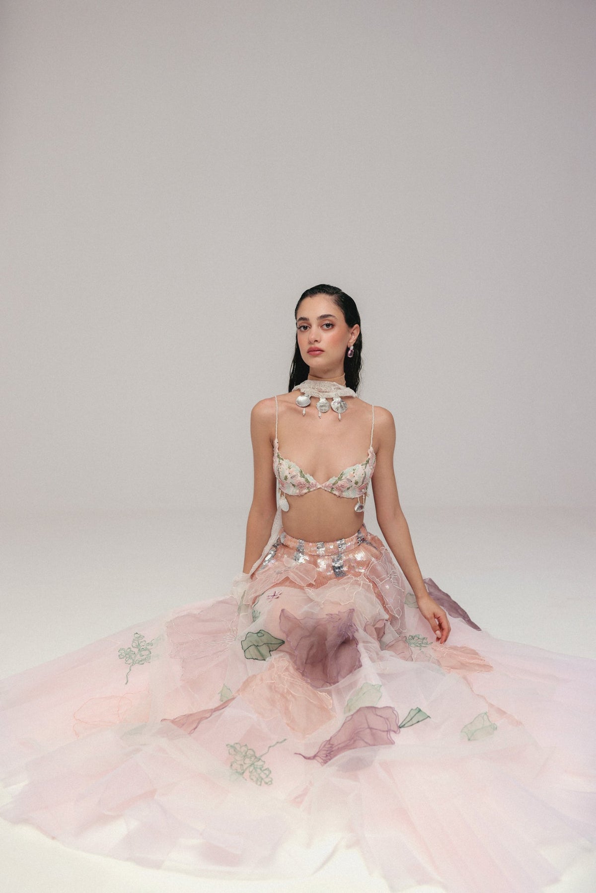 Beaded & Sequin Embroidery, Silk & Soft Tulle with French Lace, Skirt Set, Bralette Silhouette