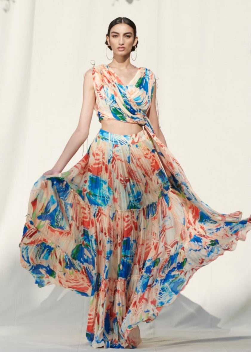 Printed Tier Skirt With Draped Crop Top