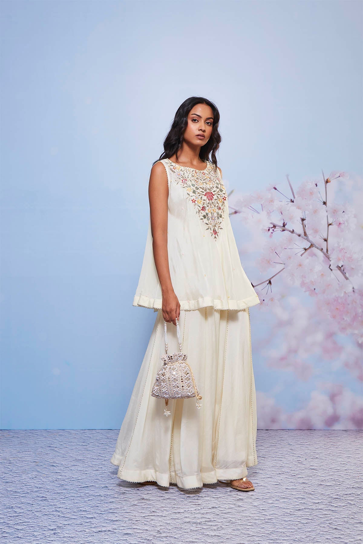 Ivory Chiffon Embroidered A-Line Kurta with Gota Sharara Set