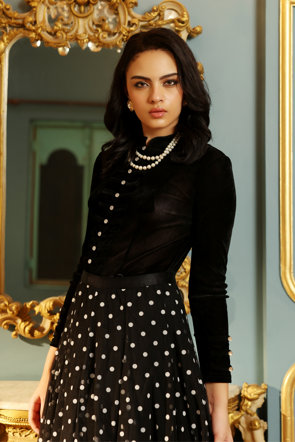 Elegant Black Silk Velvet Button Top - Luxury Evening Wear