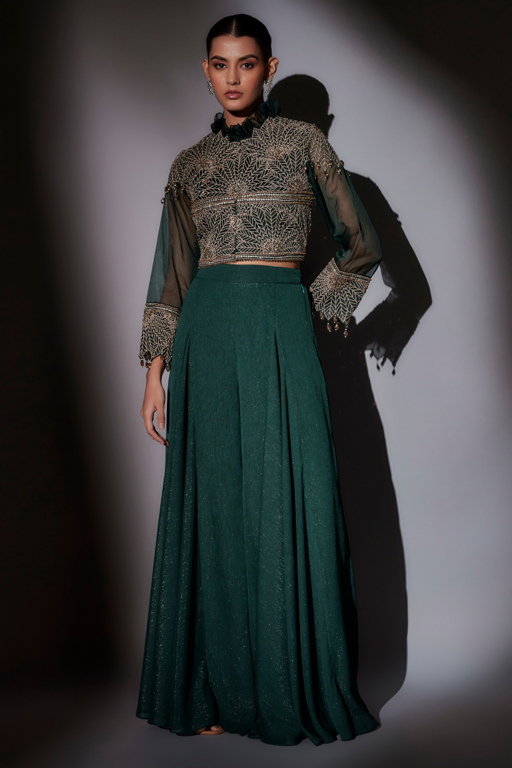 Green June Jacket Set with Embroidered Organza Sharara