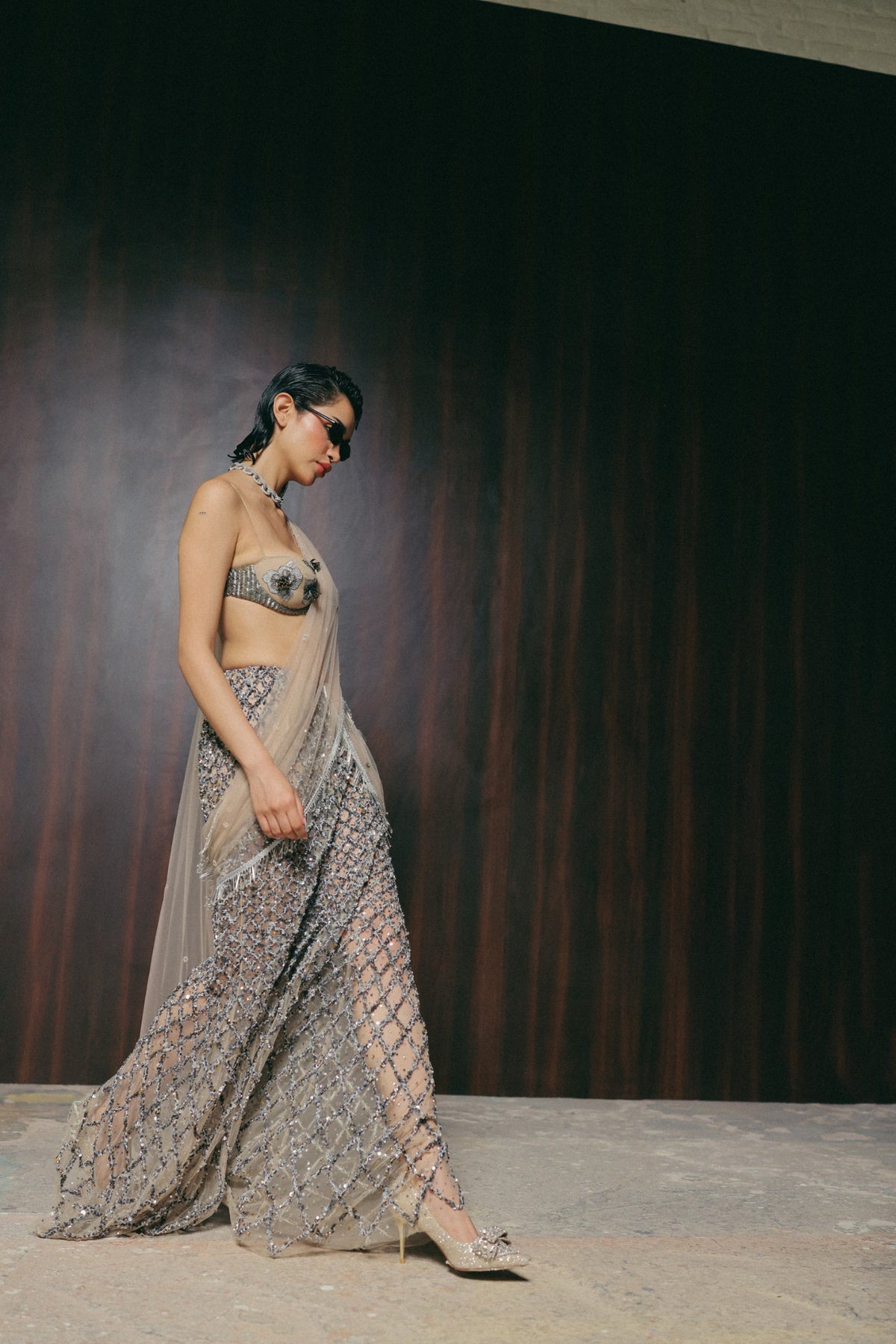 Zardosi & Bugle Bead Embroidery, Stretch Tulle & Silk with French Lace, Saree Set, Blouse Silhouette