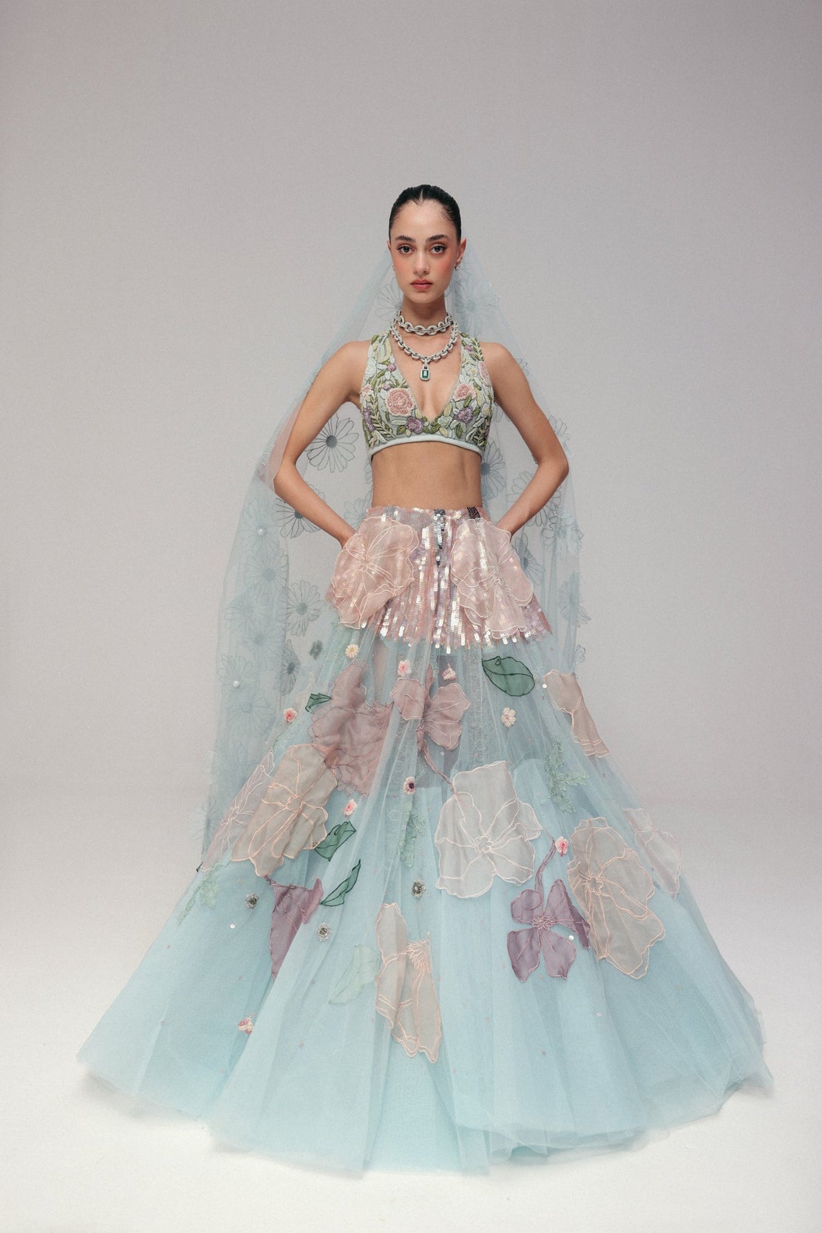 Floral & Zardosi Embroidery, Tulle & Silk with French Lace, Skirt Set, Crop Silhouette