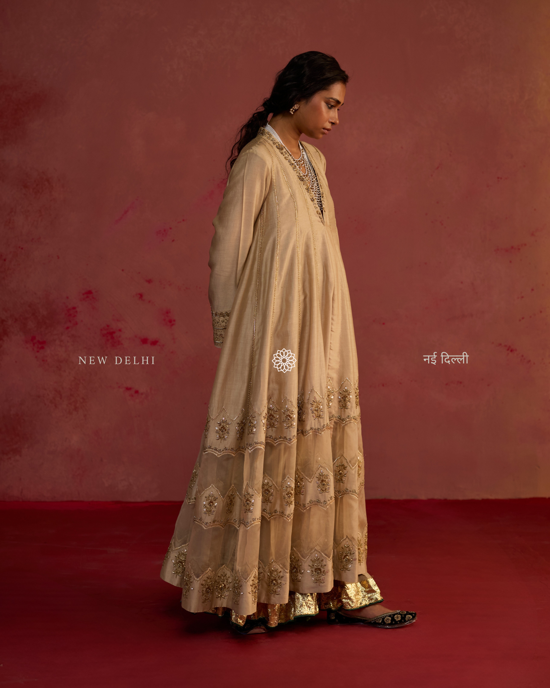 Arshia | Almond Chanderi Anarkali Set with Sharara