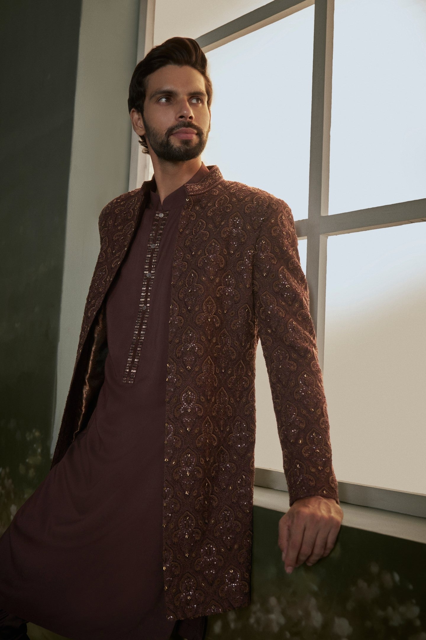 Chocolate Brown Embroidered Raw Silk Sherwani Jacket Set