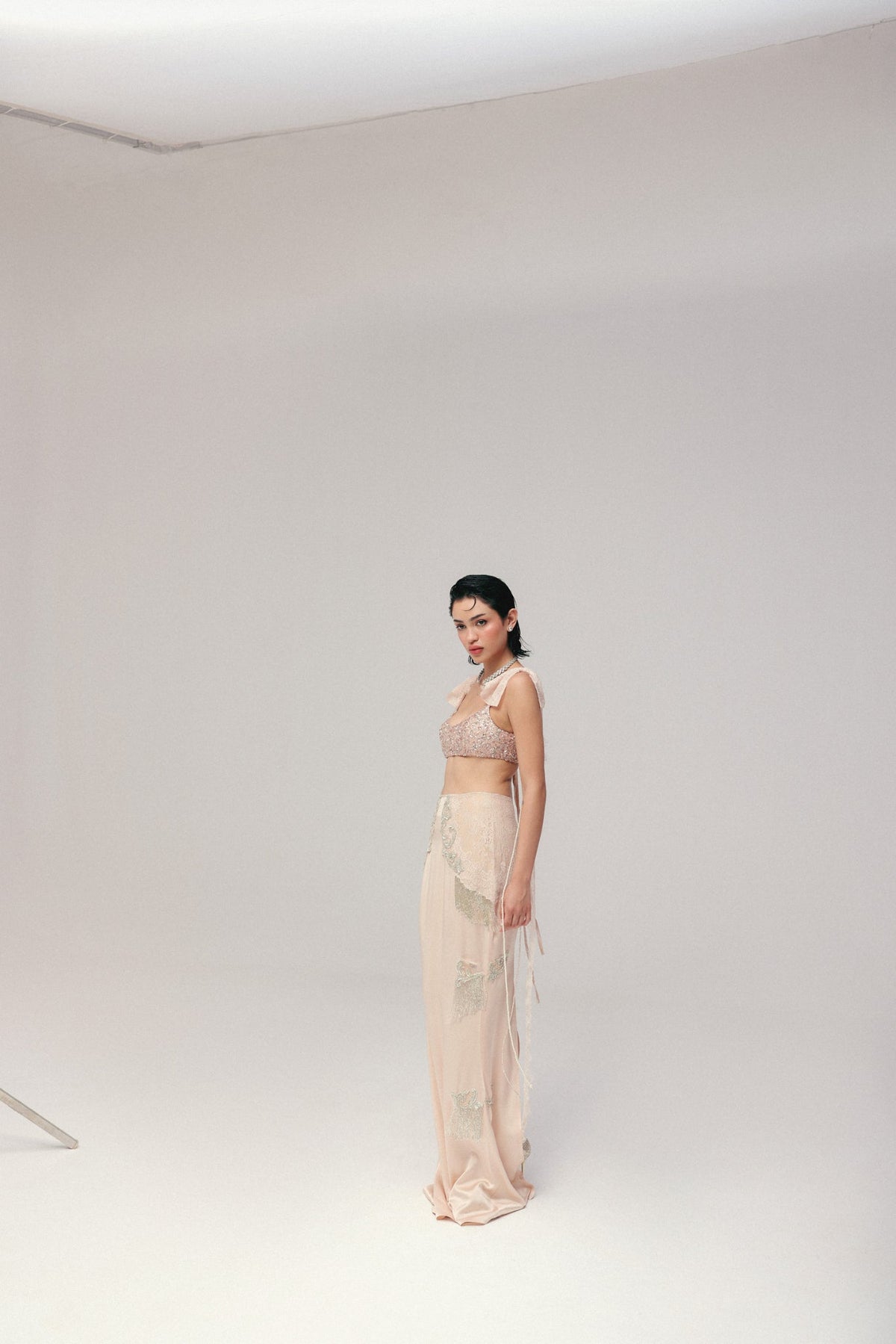 Sequin & Bugle Bead Embroidery, Silk Satin & French Lace, Skirt Set, Blouse Silhouette