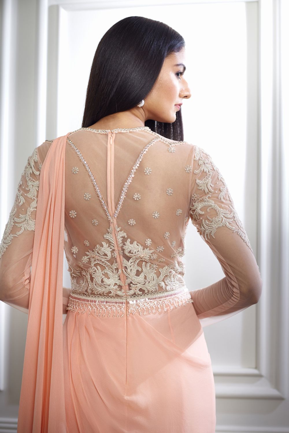Peach Drape Dori Embroidered Saree