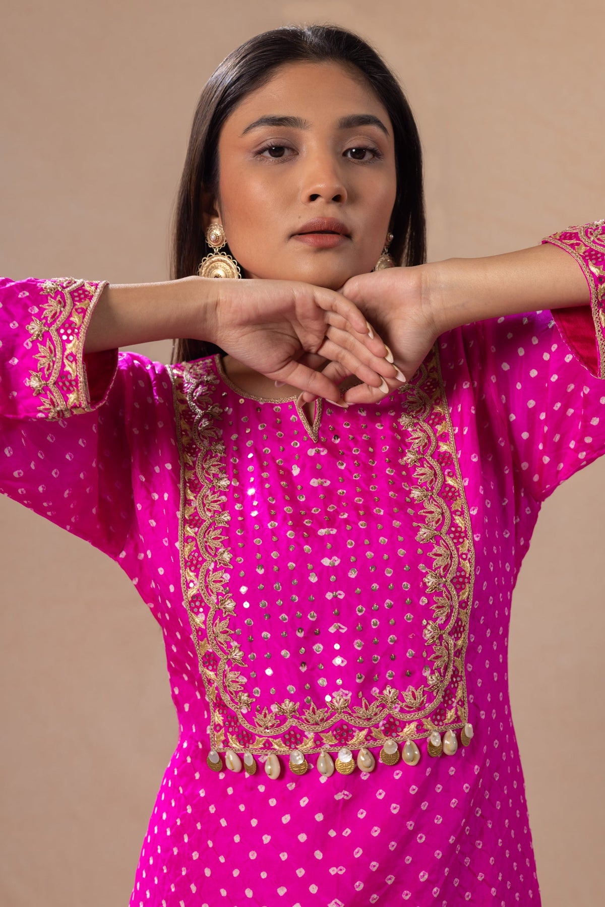 bandhni short kurta with drape trouser