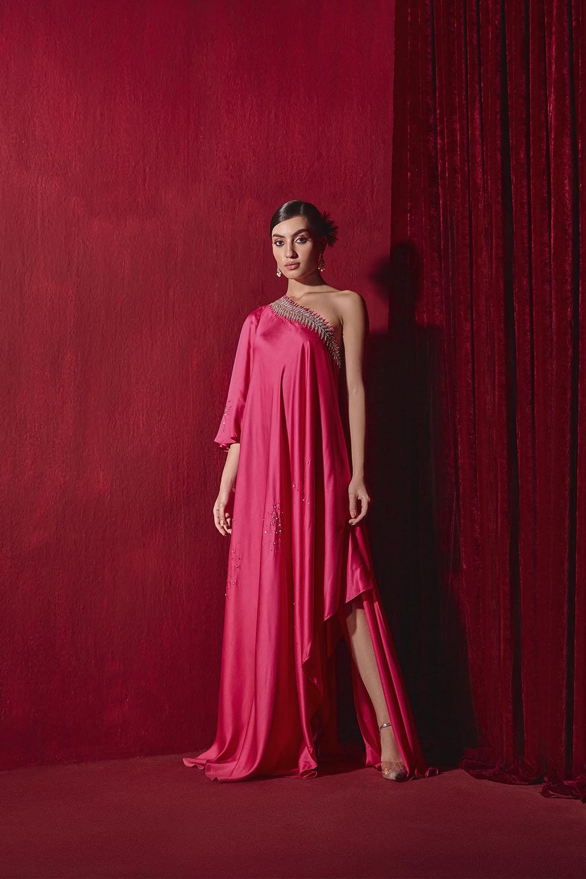 Rani Pink Modal Silk Asymmetrical Dress with 3D Embroidery