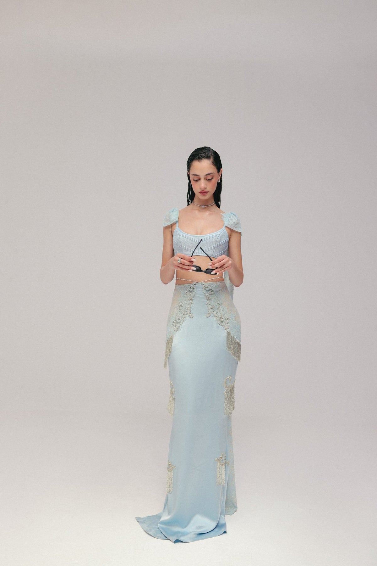 Bugle Bead & Crystal Embroidery, Silk Satin & Lace, Skirt Set, Crop Silhouette