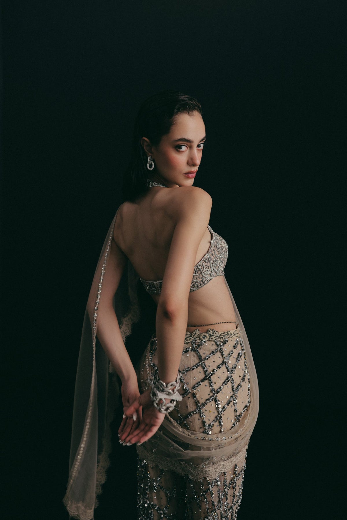 Zardosi Filigree Embroidery, Tulle & Silk with French Lace, Pant Set, Halter Crop Silhouette