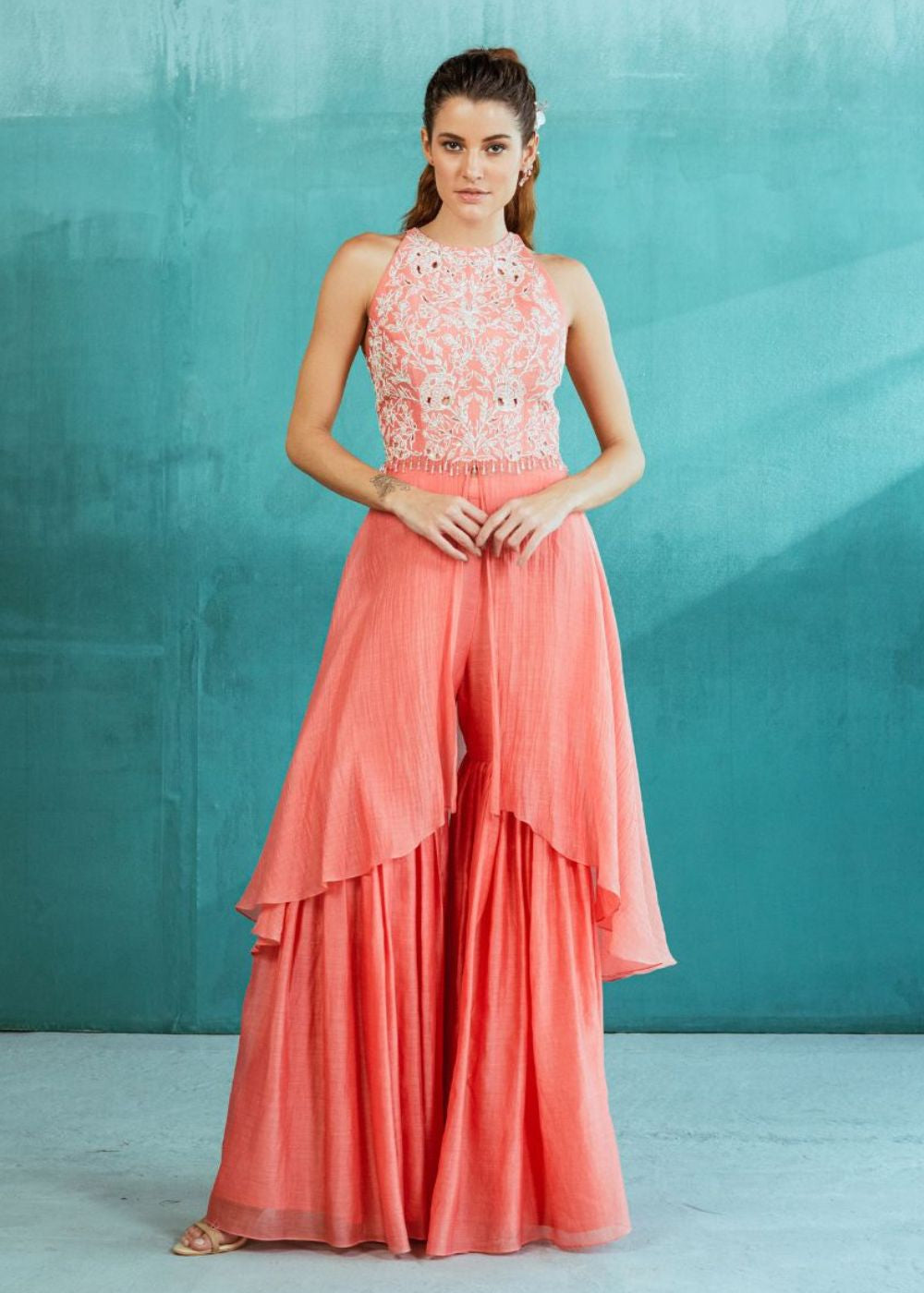Pink Chanderi Enbroidered Kurta With Sharara