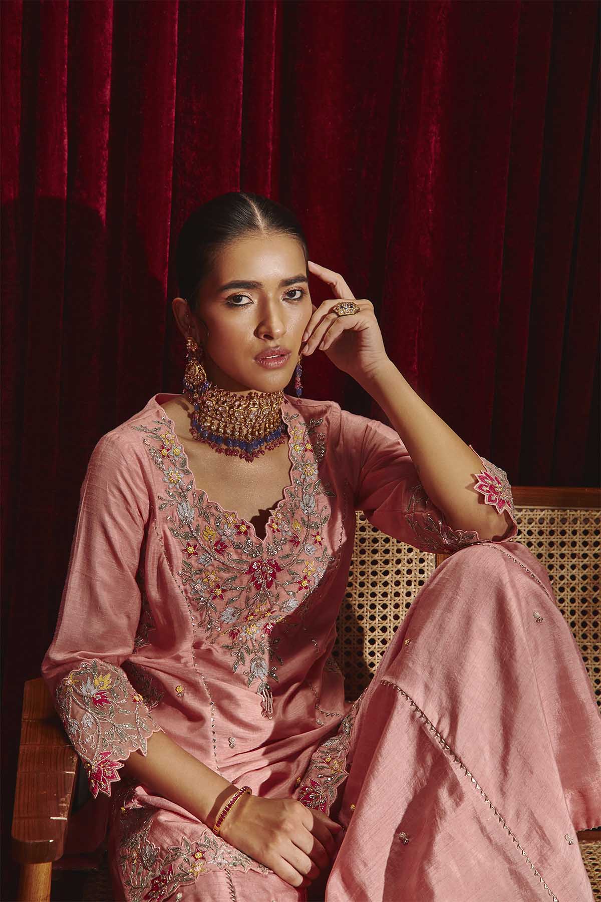 Rose Pink Embroidered Silk Kurta Set with Organza Garara - Manu