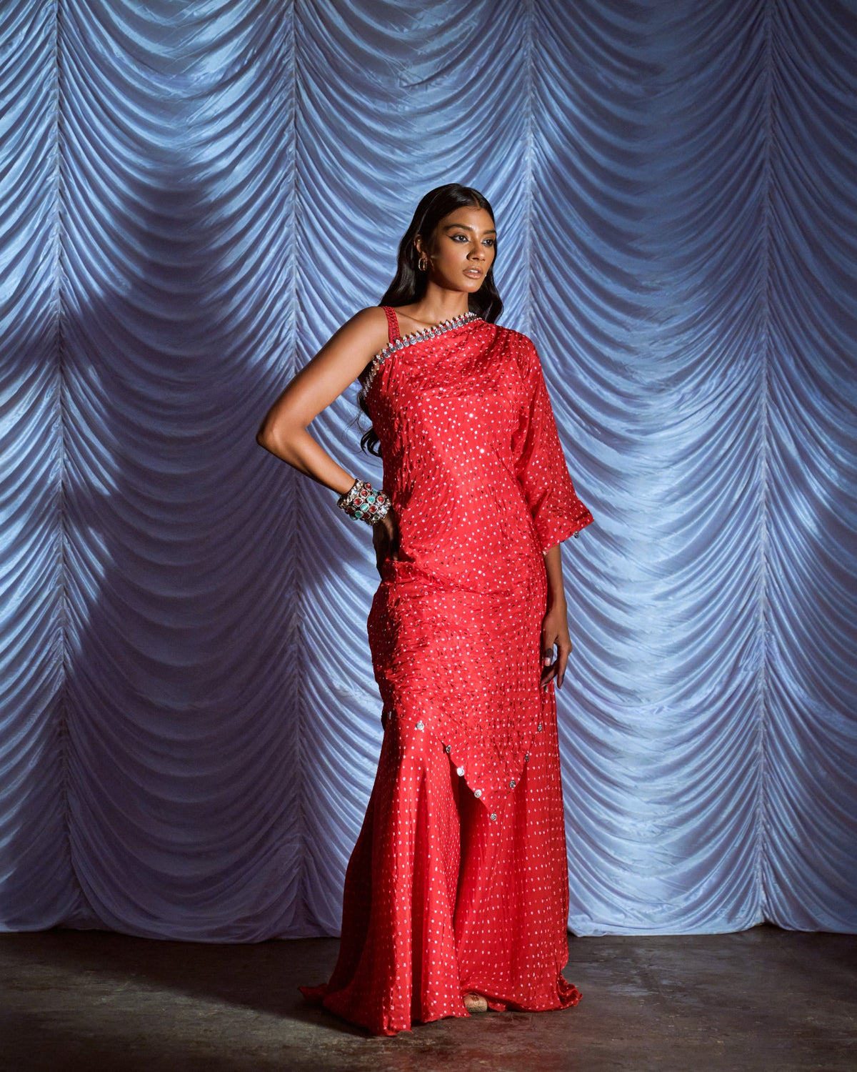 One shoulder bandhni cape and sharara set