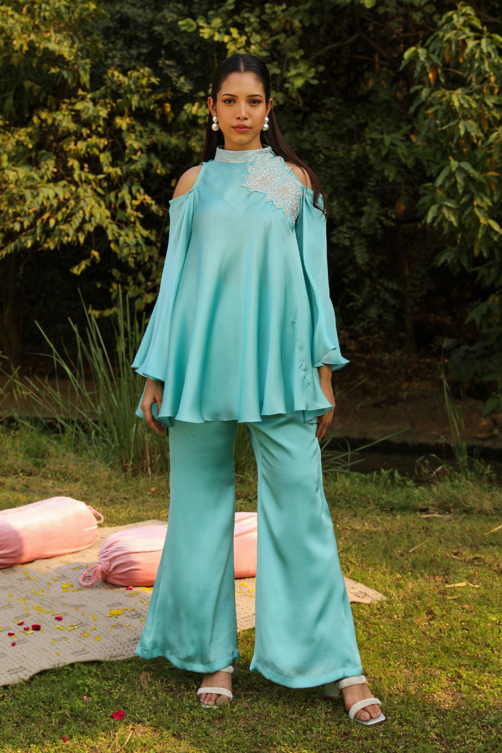 Khushi Sky Blue Chiffon Co-ord Set - Flared Cold Shoulder Top