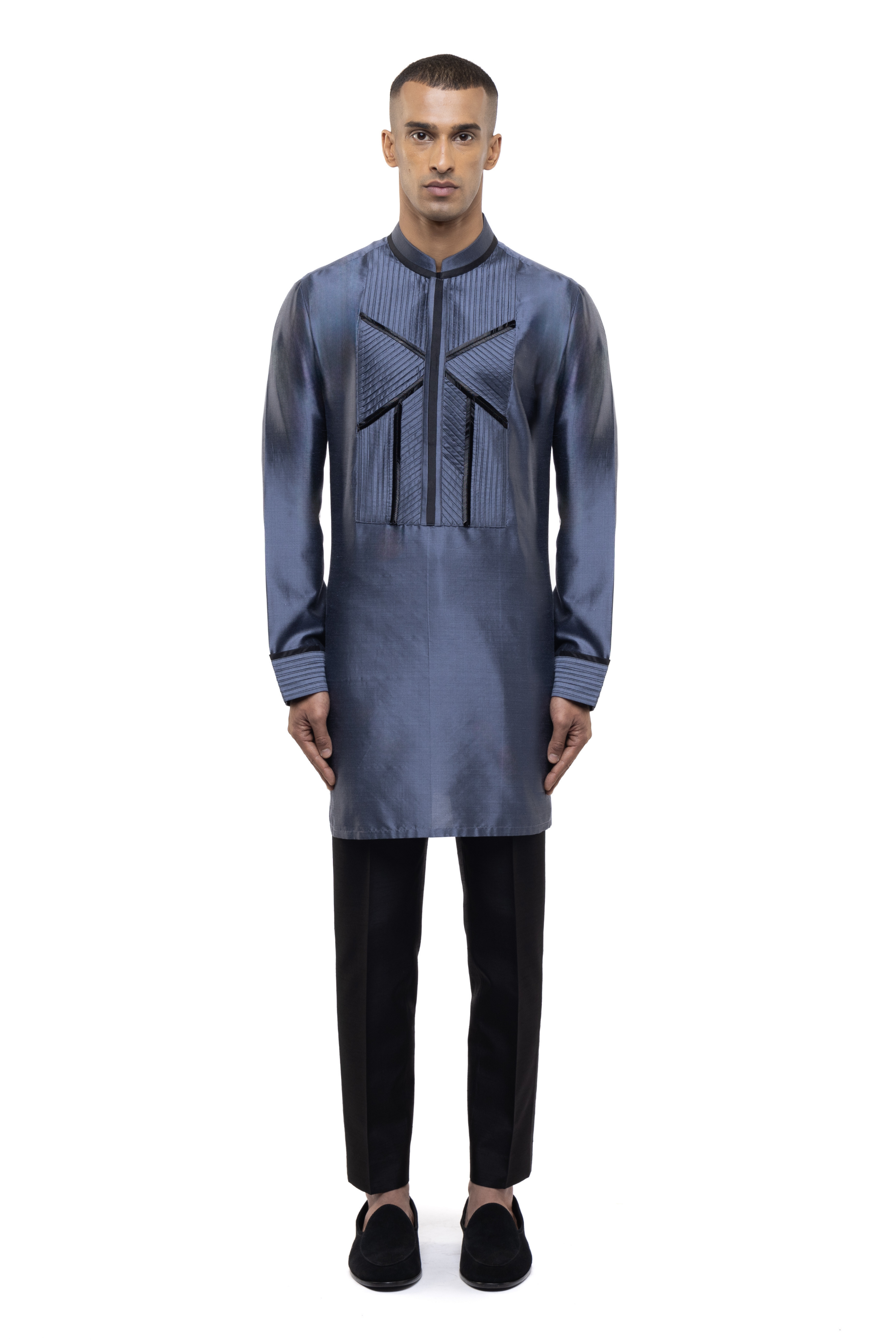 Grey & Black Silk Pleated Accents Kurta Set