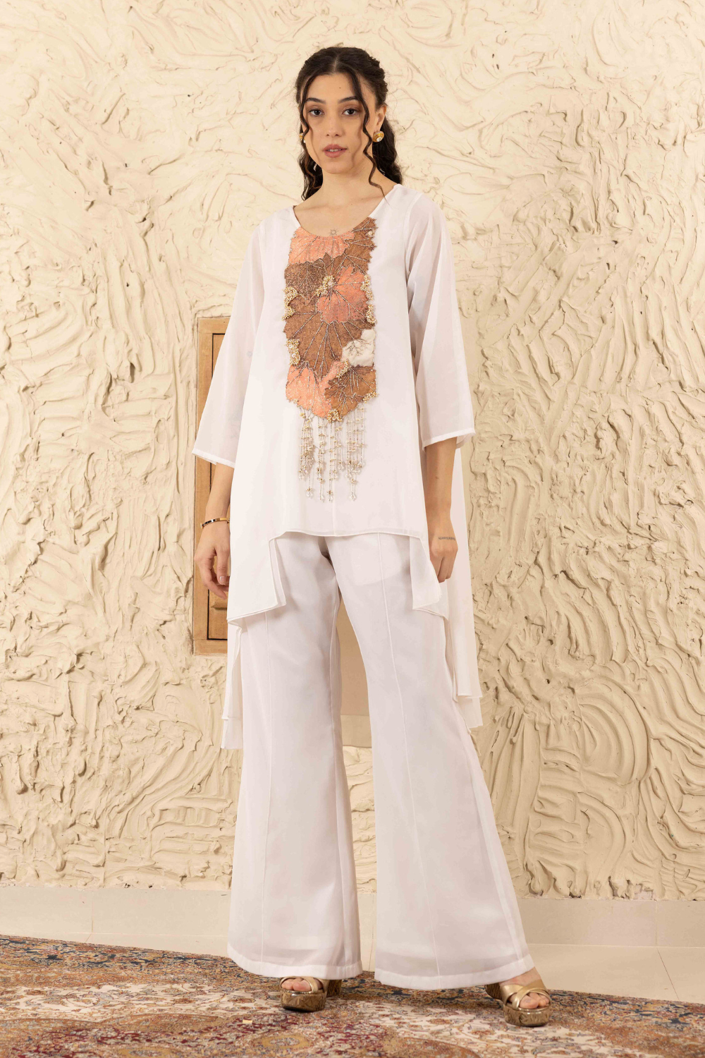 Kiara Ivory Georgette Co-ord Set with Applique Yoke Work