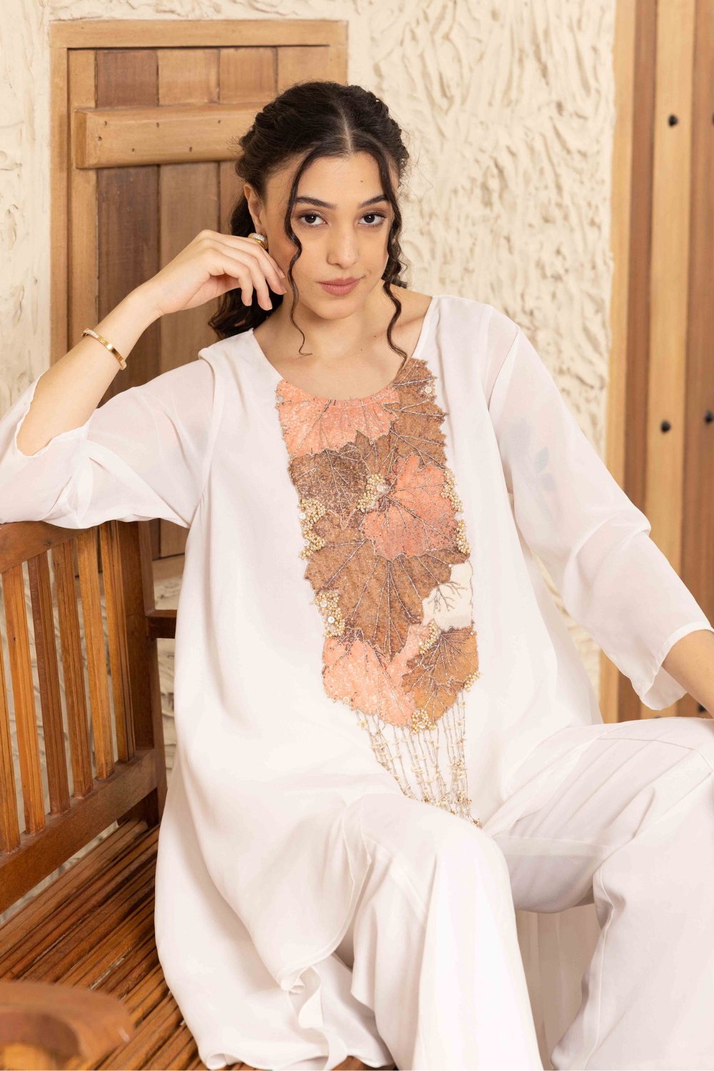 Kiara Ivory Georgette Co-ord Set with Applique Yoke Work