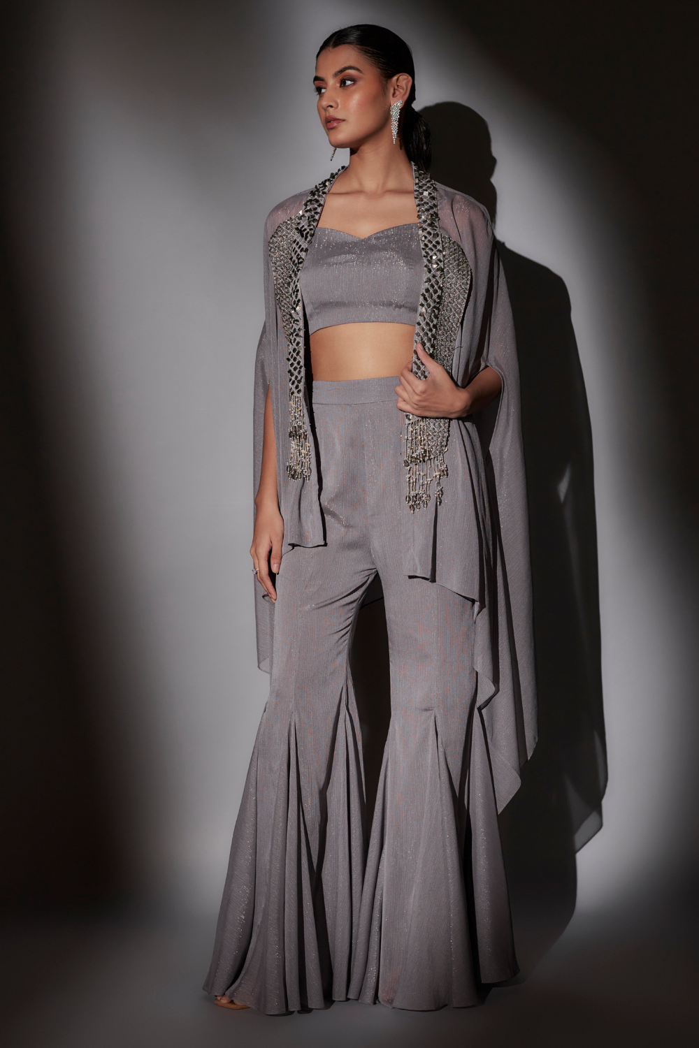 Ash Grey Lurex Cape Set with Embroidered Cape and Flared Sharara