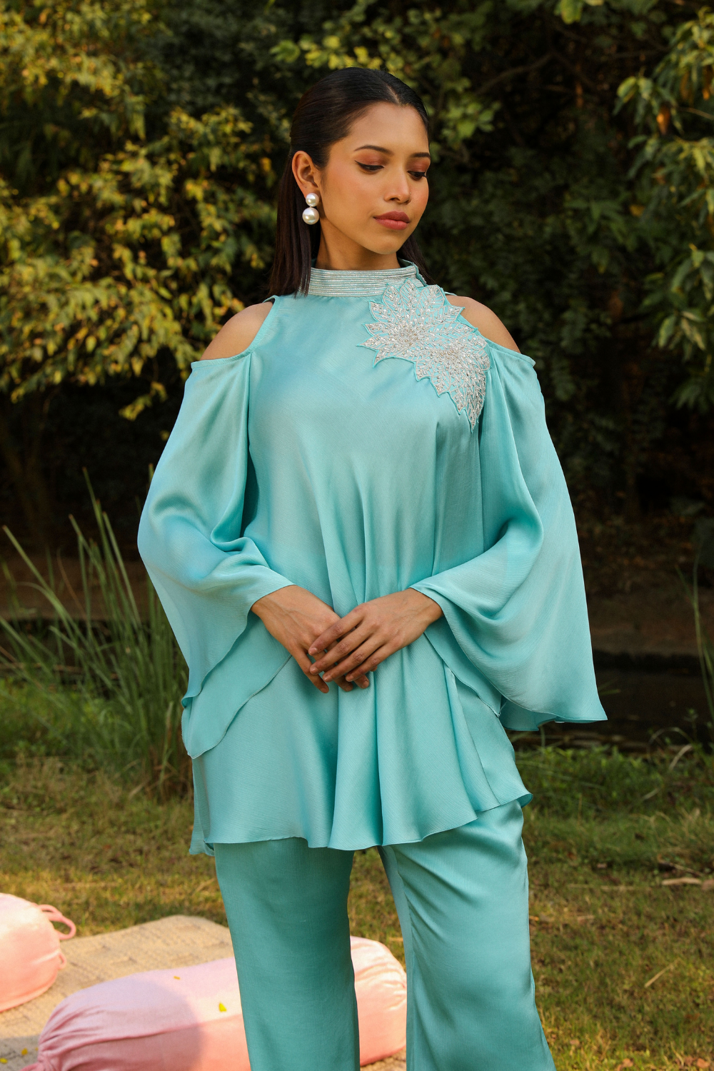 Khushi Sky Blue Chiffon Co-ord Set - Flared Cold Shoulder Top