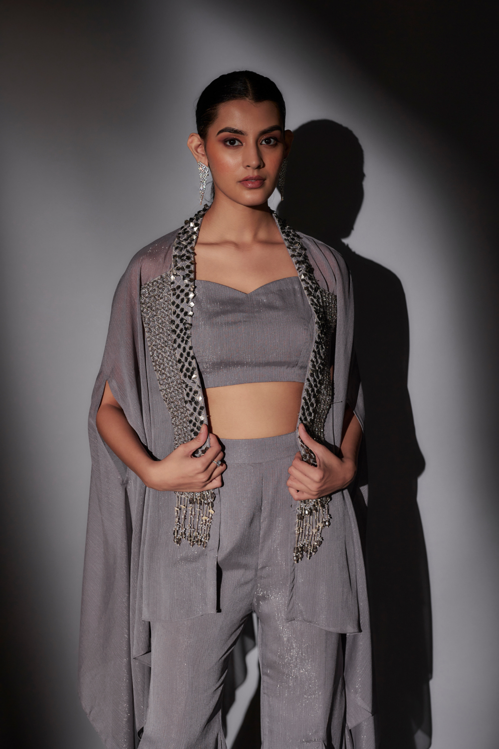 Ash Grey Lurex Cape Set with Embroidered Cape and Flared Sharara