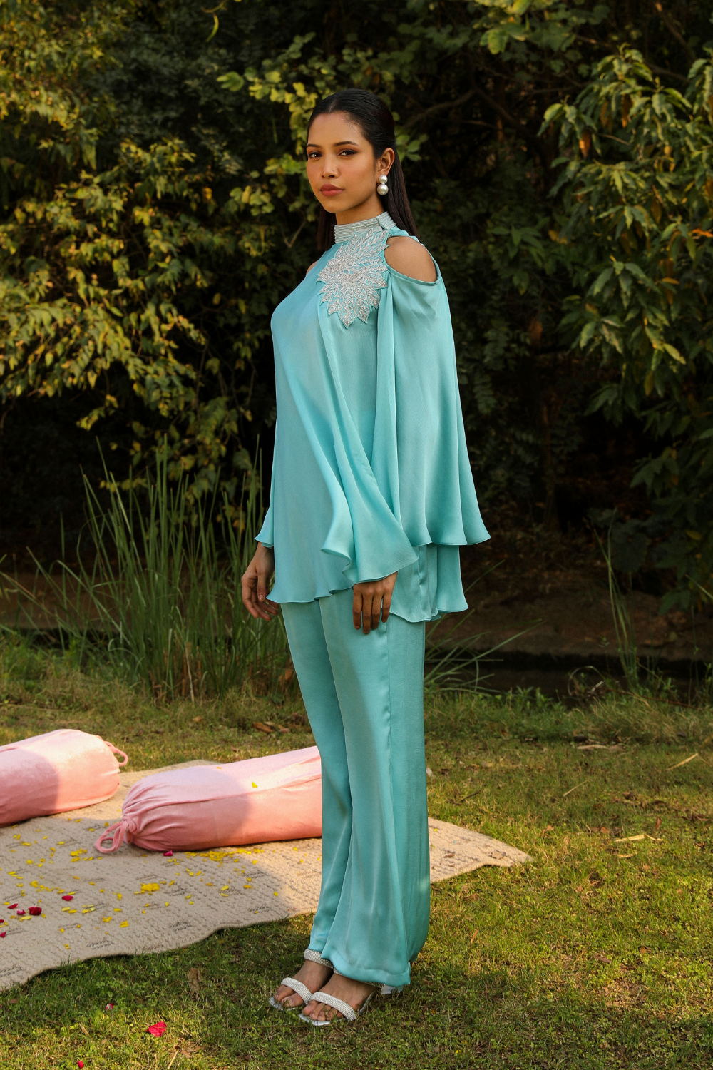 Khushi Sky Blue Chiffon Co-ord Set - Flared Cold Shoulder Top