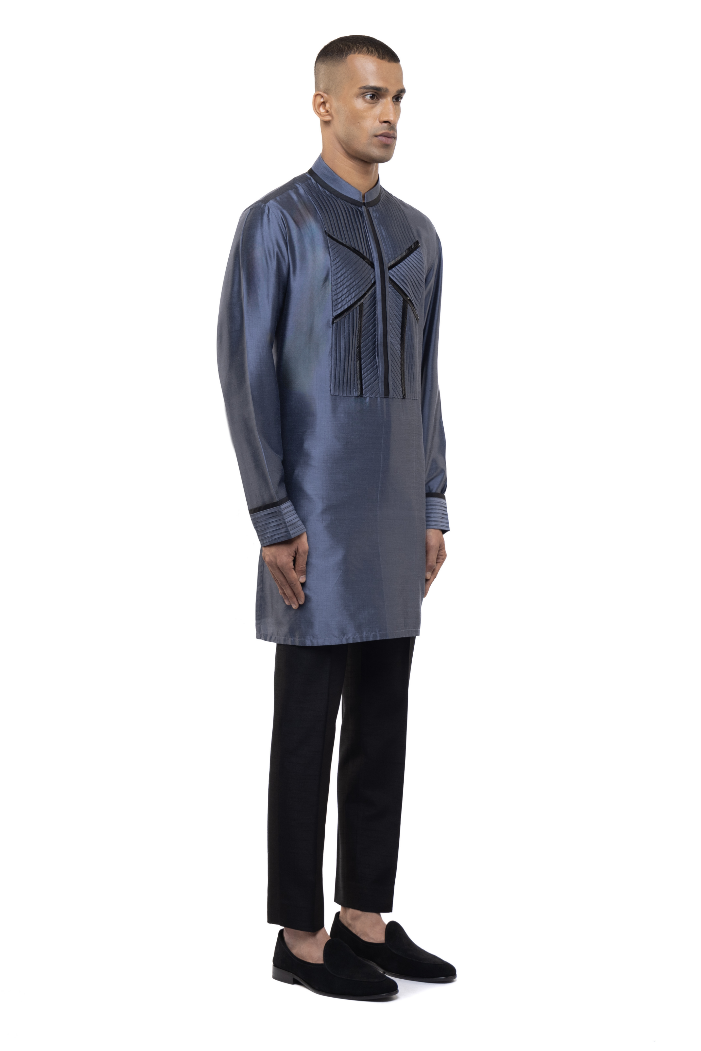 Grey & Black Silk Pleated Accents Kurta Set