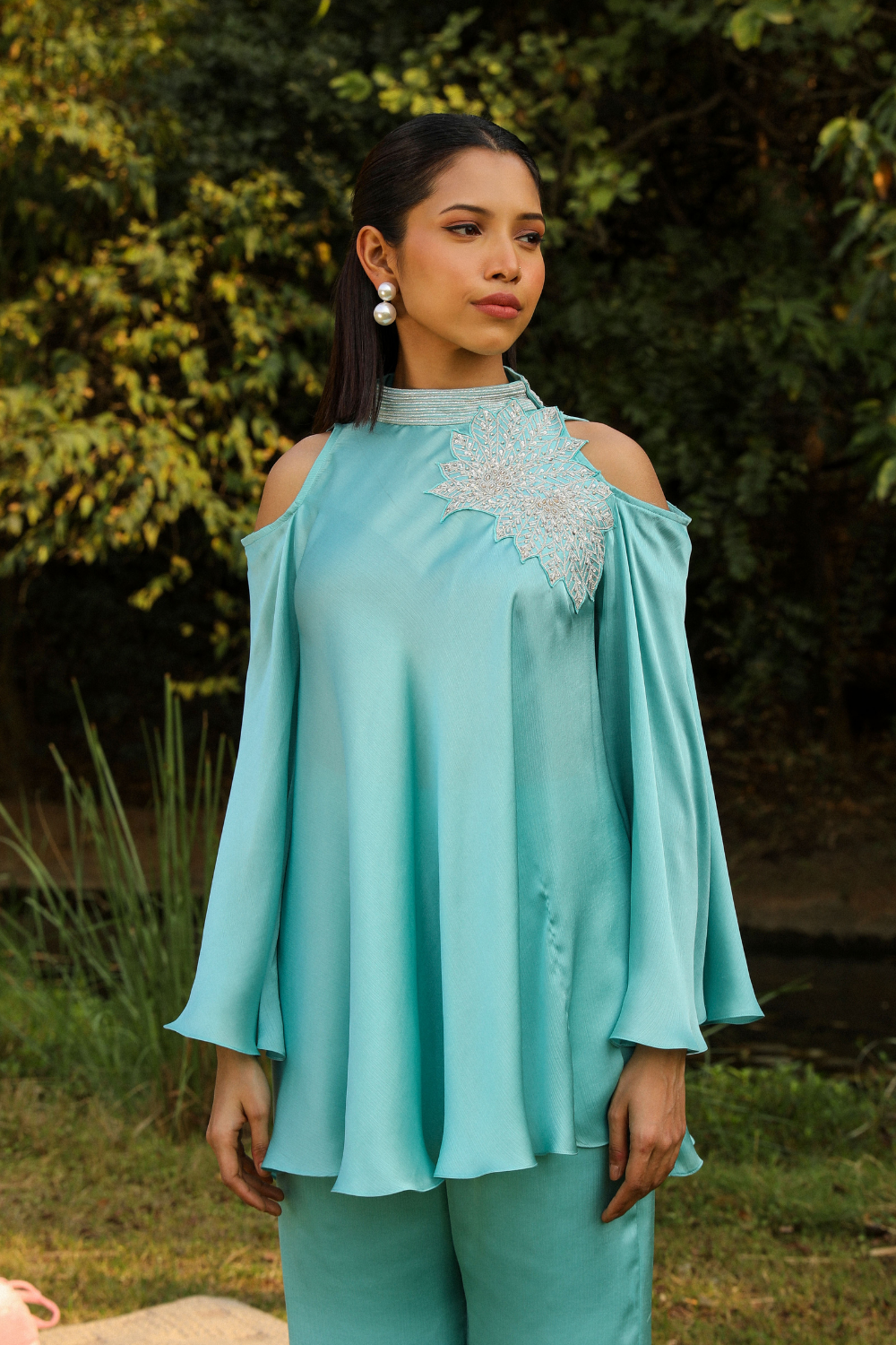 Khushi Sky Blue Chiffon Co-ord Set - Flared Cold Shoulder Top