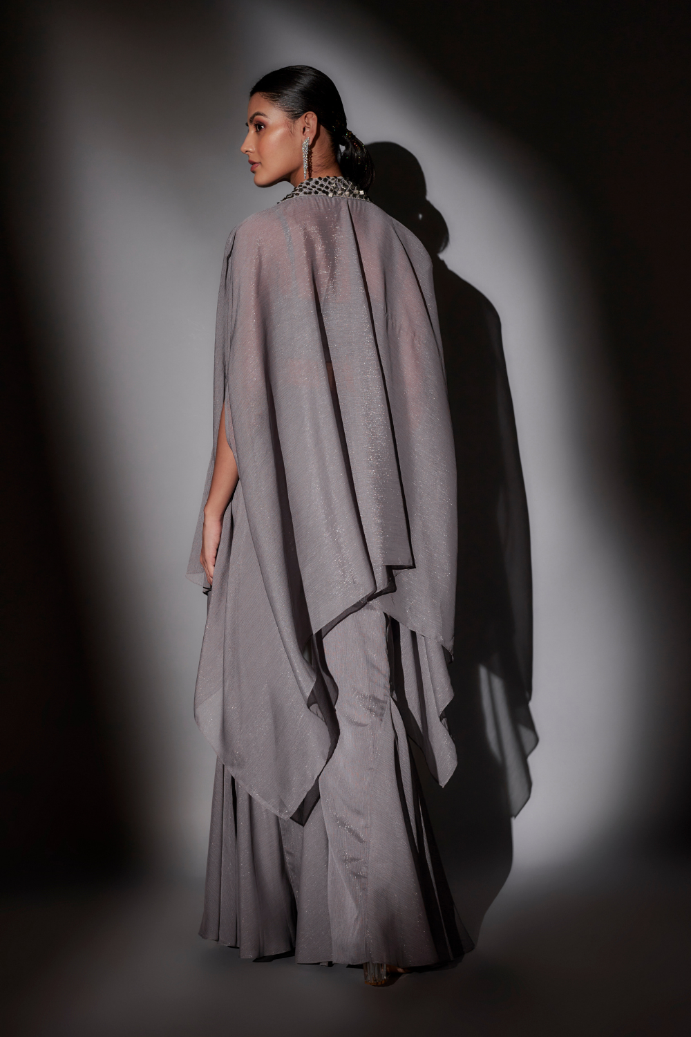 Ash Grey Lurex Cape Set with Embroidered Cape and Flared Sharara