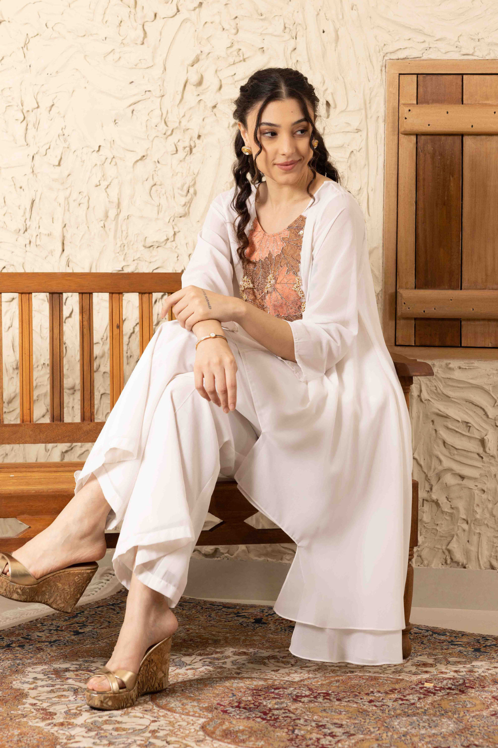 Kiara Ivory Georgette Co-ord Set with Applique Yoke Work