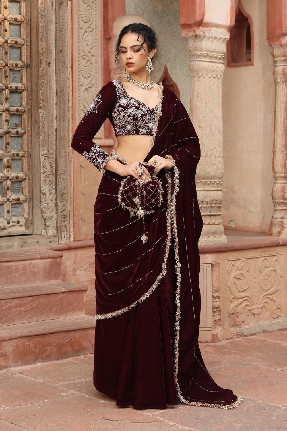Wine Velvet Pre-Draped Sharara Saree with Sequin Blouse - Inaayat